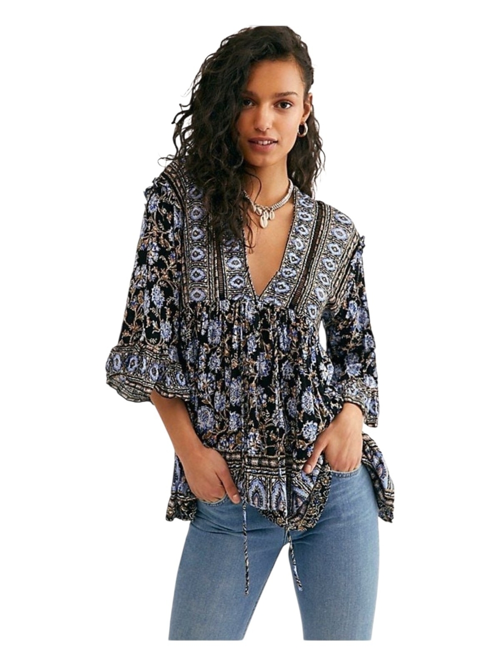 Free People Black & Blue Floral V-Neck Boho Tunic